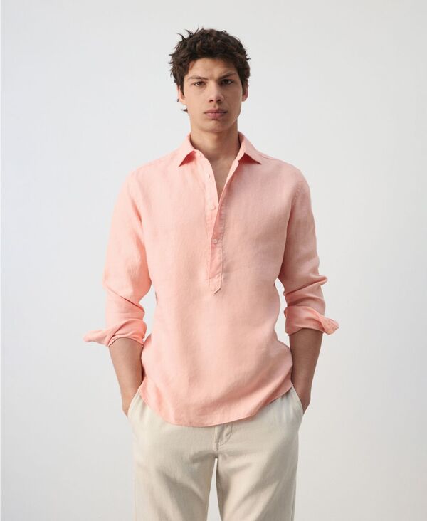 マンゴ メンズ トップス シャツ リラックスフィット リネン MANGO Men's Linen Relaxed Fit Shirt Salmon サーモン|ReVida 店
