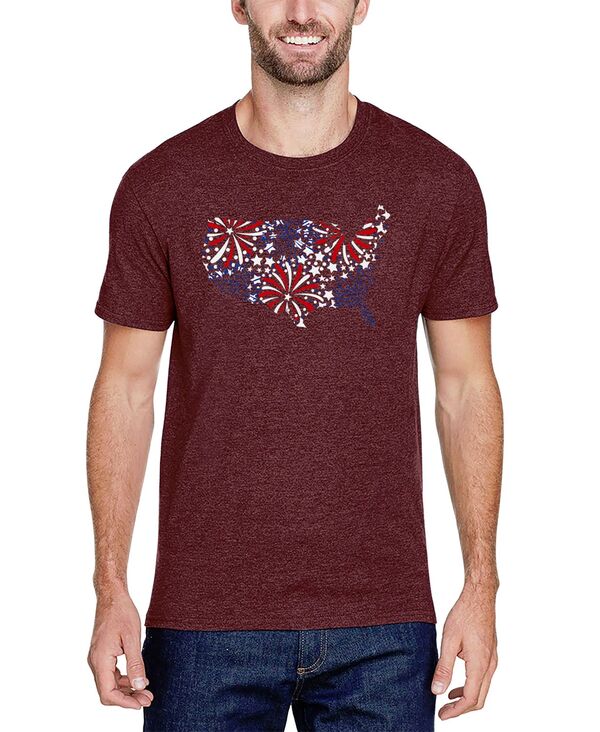 エルエーポップアート メンズ トップス Tシャツ ポリエステル コットン LA Pop Art Men's USA Fireworks and Stars Word Art Cotton and Polyester Blend T-Shirt Burgundy バーガンディ｜ReVida 店