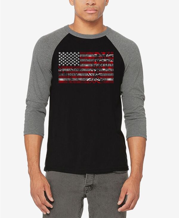 エルエーポップアート メンズ トップス Tシャツ LA Pop Art Men's Raglan Baseball Word Art Fireworks American Flag T-shirt Gray/Black ブラック｜ReVida 店