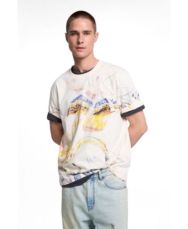 デジグアル メンズ トップス Tシャツ プリント Desigual Men's Printed T-shirt with drawings Off white オフホワイト|ReVida 店