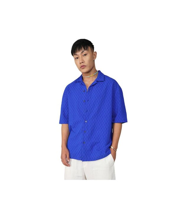 キャンパスストラ メンズ トップス シャツ Campusutra Men's Royal Blue Textu red Geometric Oversized Shirt Blue ブルー｜ReVida 店