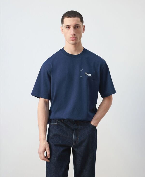 マンゴ メンズ トップス Tシャツ プリント コットン MANGO Men\'s Cotton Printed T-Shirt Ink Blue ブルー｜ReVida 店