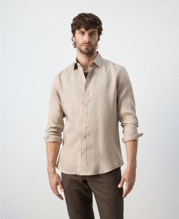 マンゴ メンズ トップス シャツ リネン MANGO Men's Linen Regular-Fit Shirt Sand サンド|ReVida 店