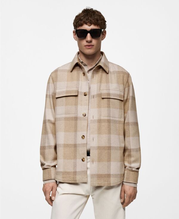 マンゴ メンズ アウター パーカー・スウェット ウール シャツ MANGO Men'slim-Fit Checked Flannel Wool-Blend Overshirt Beige ベージュ｜ReVida 店