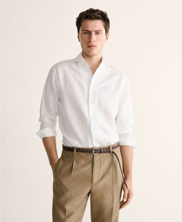 マンゴ メンズ トップス シャツ リネン MANGO Men's Regular-Fit Linen Shirt White ホワイト|ReVida 店