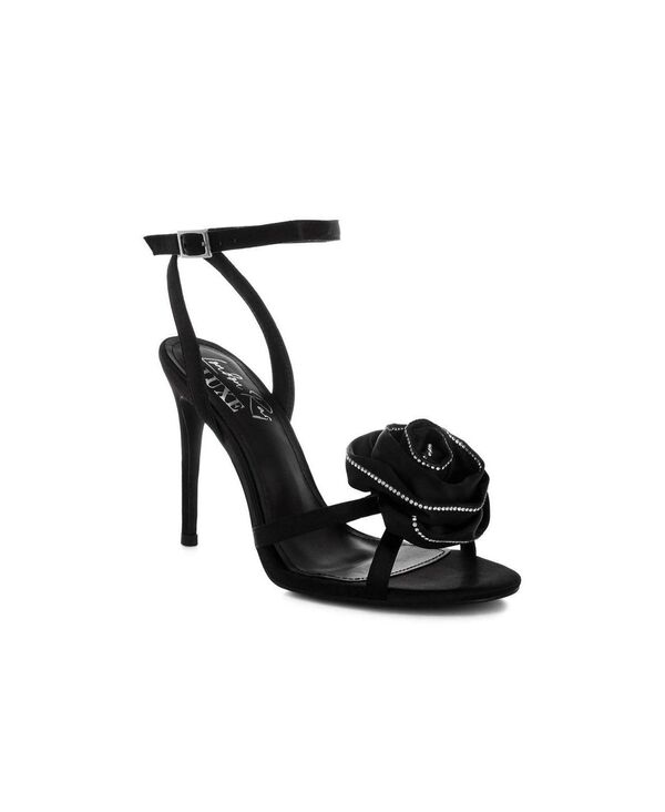 ロンドンラグ レディース シューズ サンダル フラワー柄 フラワー ヒール London Rag Women's Candela Floral Rhinestone Accent Heel Sandals Black satin ブラック｜ReVida 店