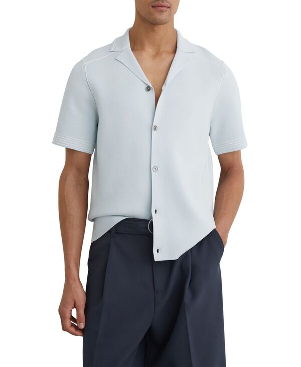 レイス メンズ トップス シャツ REISS Men's Wandsworth Button Through Piped Stitch Detail Cuban Shirt Soft Blue ブルー｜ReVida 店