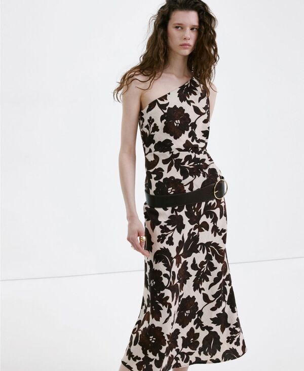 マンゴ レディース トップス ワンピース アシンメトリー フラワー柄 プリント フラワー MANGO Women's Asymmetrical Floral-Print Dress Brown ブラウン|ReVida 店