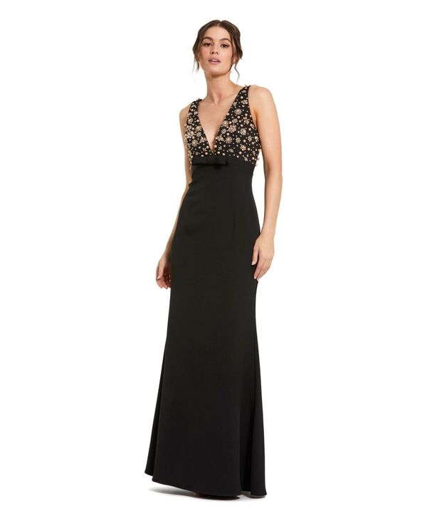 マックダガル レディース トップス ワンピース Vネックレープチ ノースリーブ Mac Duggal Petite Crepe Sleeveless Beaded V Neck Gown With Bow Black ブラック|ReVida 店