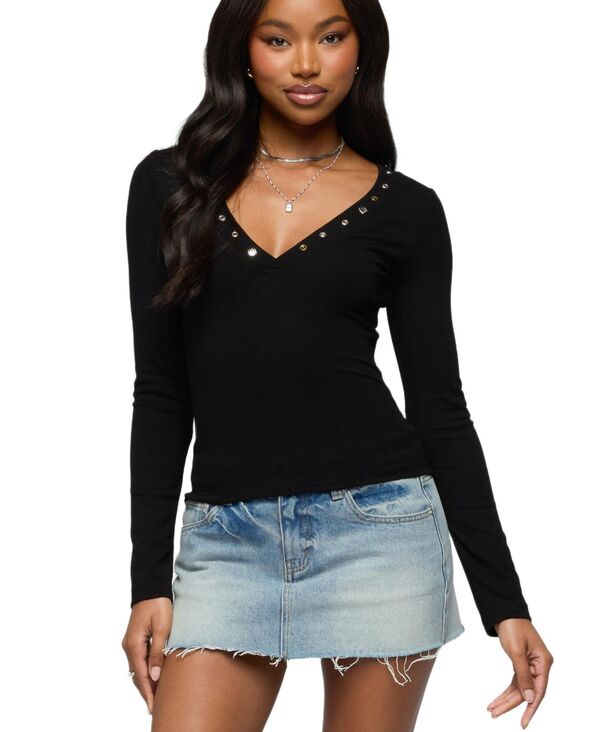アディクテッド レディース トップス シャツ Edikted Women's Rossie Stud & Button Top Black ブラック｜ReVida 店