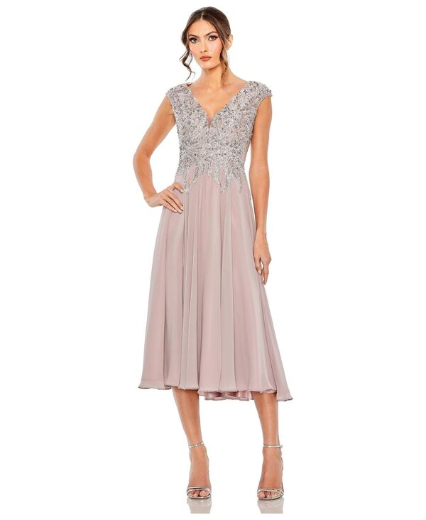 マックダガル レディース トップス ワンピース ミディ 刺繍 キャップ Mac Duggal Women's Embroide red Beaded Midi Dress with Cap Sleeves Vintage lilac ライラック｜ReVida 店