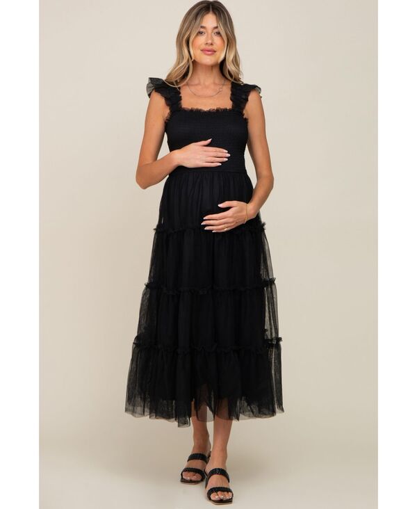 ピンクブラッシュ レディース トップス ワンピース フリル メッシュ ミディ シャーリング Pinkblush Women'smocked Mesh Ruffle Accent Midi Dress Black ブラック｜ReVida 店