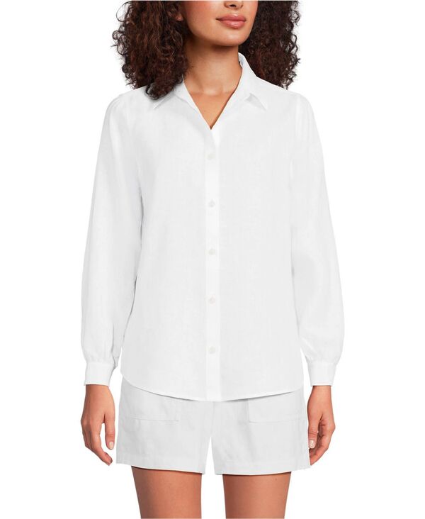 ランズエンド レディース トップス シャツ ミニ リネン Lands' End Women's Linen Long Sleeve Feminine Shirt White ホワイト｜ReVida 店