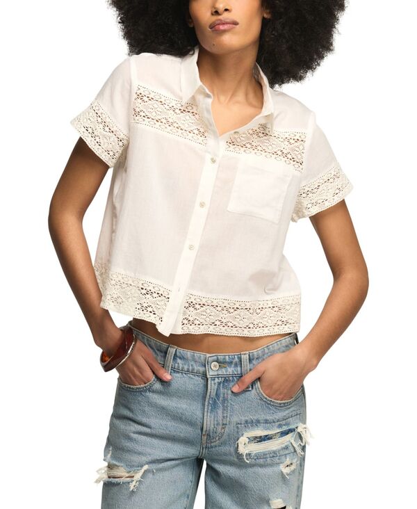 ラッキーブランド レディース トップス シャツ Lucky Brand Women's Cutwork Colla red Camp Shirt Bright White ホワイト|ReVida 店