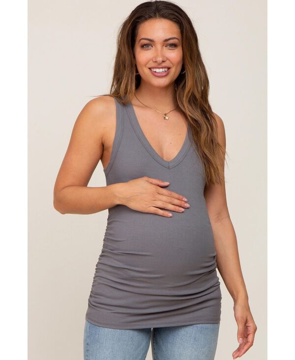 ピンクブラッシュ レディース トップス シャツ ギャザー リブ ノースリーブ Pinkblush Women's Charcoal Ribbed Sleeveless Ruched Tank Top Charcoal grey チャコール｜ReVida 店