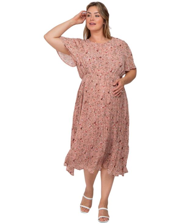 ピンクブラッシュ レディース トップス ワンピース シフォン フラワー柄 プラスサイズ プリーツ ミディ フラワー Pinkblush Plusize Floral Pleated Chiffon Midi Dress Light pink ピンク｜ReVida 店