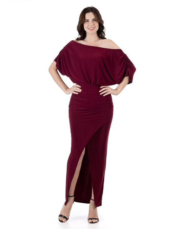 24 セブンコンフォート レディース トップス ワンピース マキシ 24seven Comfort Apparel Women's Boat Neck Batwing Sleeve Slit Maxi Dress Burgundy バーガンディ|ReVida 店