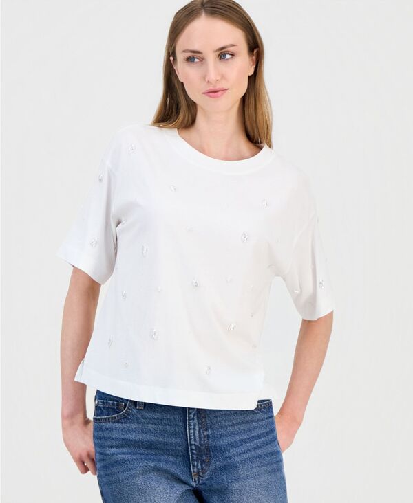 アイ.エヌ.シー インターナショナル コンセプト レディース トップス Tシャツ I.N.C. International Concepts Women's Imitation Pearl Embellished Short Sleeve T-Shirt Bright White ホワイト｜ReVida 店 14,425円