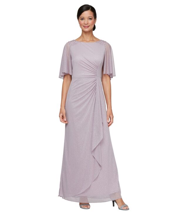 エスエルファッションズ レディース トップス ワンピース メッシュ SL Fashions Women's Glitter Mesh Embellished Sleeve Long Dress MAUVE｜ReVida 店
