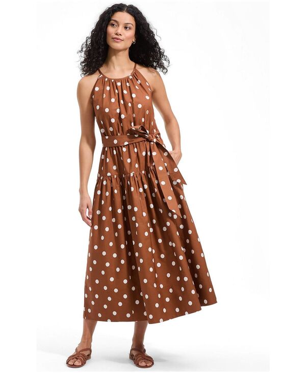 ランズエンド レディース トップス ワンピース ミディ ホルター Lands' End Women's Poplin Halter Midi Dress Rich ginger brown dot ブラウン|ReVida 店