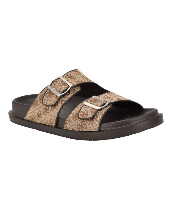 ゲス メンズ シューズ スニーカー GUESS Men's Verone Double Strap Fashion Slides Light brown logo multi ブラウン|ReVida 店