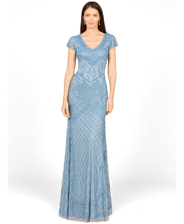 ララ レディース トップス ワンピース キャップ Lara Women's Beaded Cap Sleeve Gown With V-Neckline Slate スレート|ReVida 店