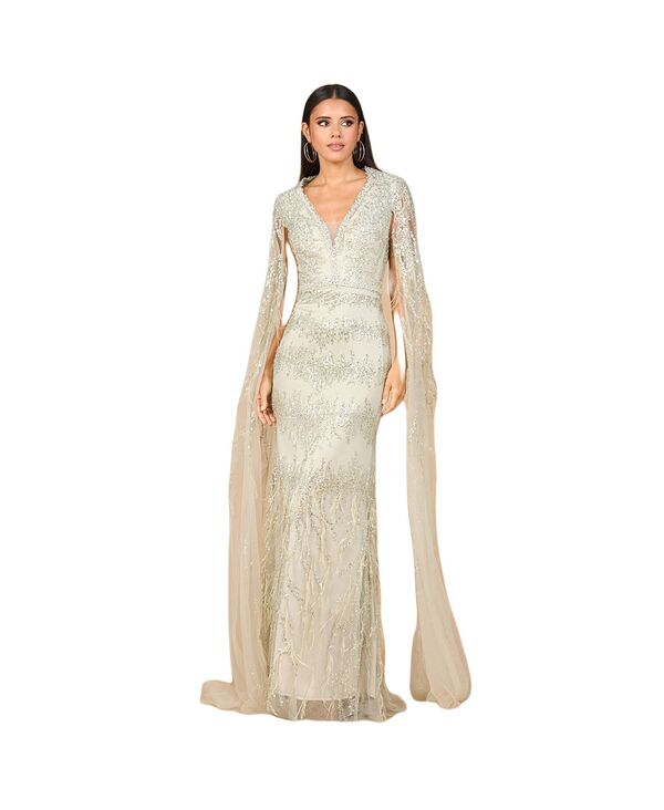 ララ レディース トップス ワンピース Vネック ケープデザイン キャップ ケープ Lara Women's V - Neck Gown with Long Cape Sleeves and Feathersage セージ｜ReVida 店