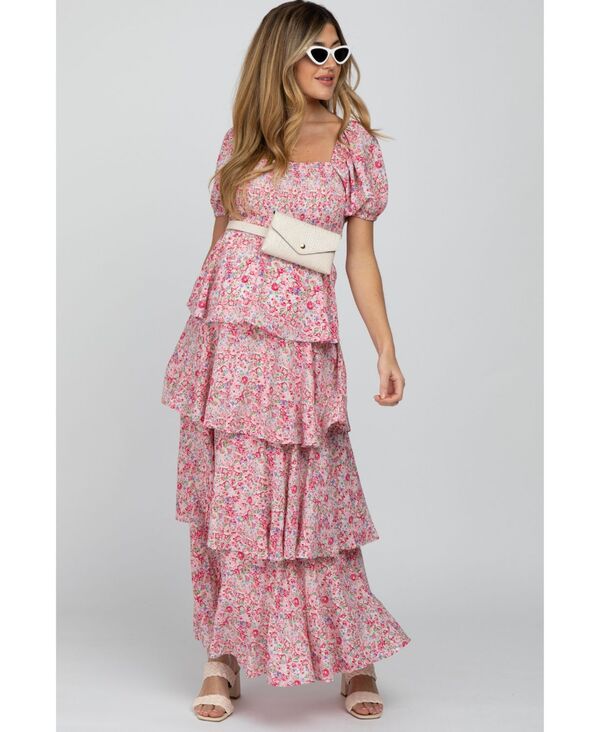 ピンクブラッシュ レディース トップス ワンピース フラワー柄 フリル マキシ フラワー Pinkblush Women's Pink Floral Square Neck Ruffle Laye red Maxi Dress Pink ピンク|ReVida 店