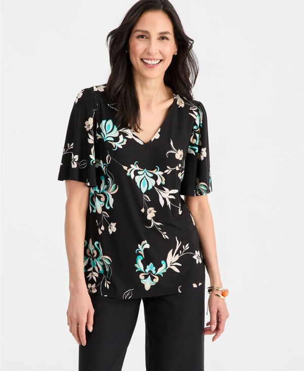 ジェイエムコレクション レディース トップス シャツ Vネック プリント JM Collection Women's Printed V-neck Flutter-Sleeve Top Deep Black ブラック|ReVida 店