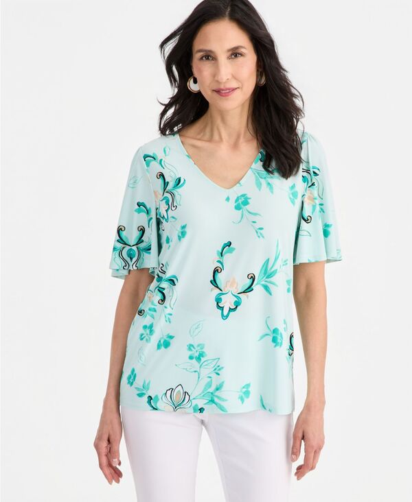 ジェイエムコレクション レディース トップス シャツ Vネック プリント JM Collection Women's Printed V-neck Flutter-Sleeve Top Icy Morning｜ReVida 店
