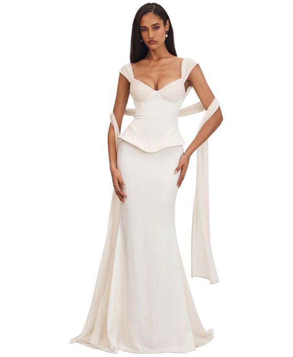 ミスサークル レディース トップス ワンピース シフォン Miss Circle Women's Jessalyn Ivory Sweetheart Peplumermaid Wedding Dress with Chiffon Scarf White ホワイト｜ReVida 店