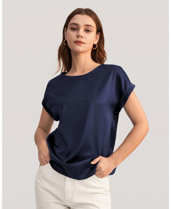 リリーシルク レディース トップス シャツ LILYSILK Women'short Sleeves Round Neck Silk Tee Navy blue ネイビー｜ReVida 店