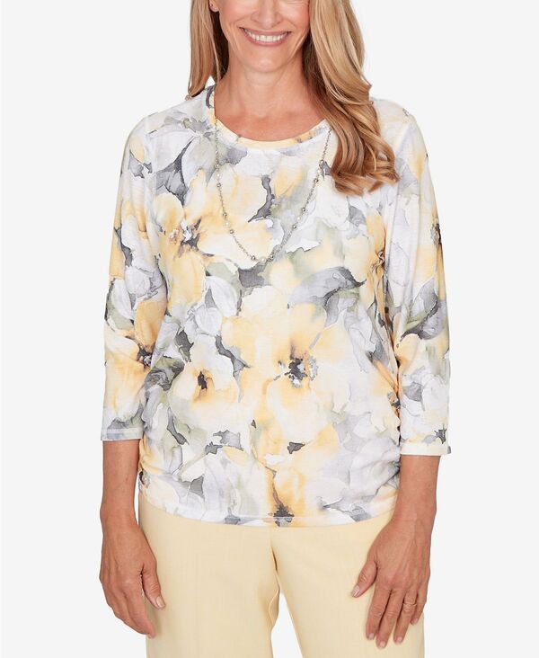 アルフレッド ダナー レディース トップス シャツ フラワー柄 ギャザー レース フラワー Alfredunner Women's Al Fresco Watercolor Floral Side Ruched Top with Necklace Multi Yellow イエロー|ReVida 店