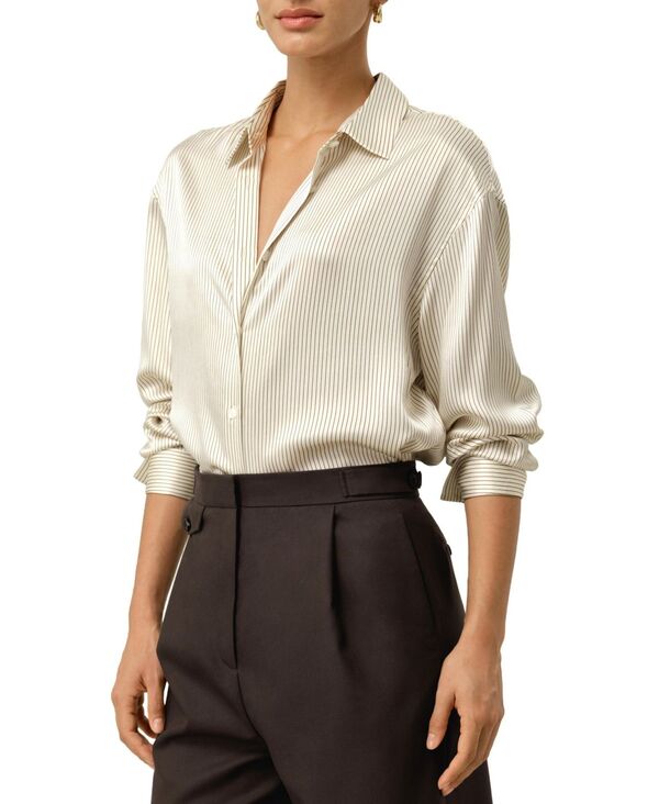 リリーシルク レディース トップス シャツ LILYSILK Women'silk Charmeuse Pinstripe Shirt Drifted mocha モカ|ReVida 店