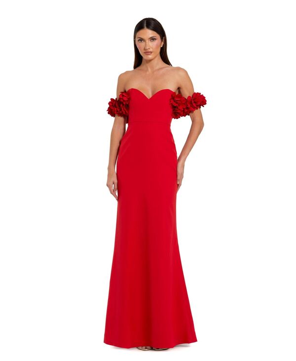 マックダガル レディース トップス ワンピース クレープ Mac Duggal Women's Crepe Off The Shoulder Gown With 3D Flowers Red レッド｜ReVida 店