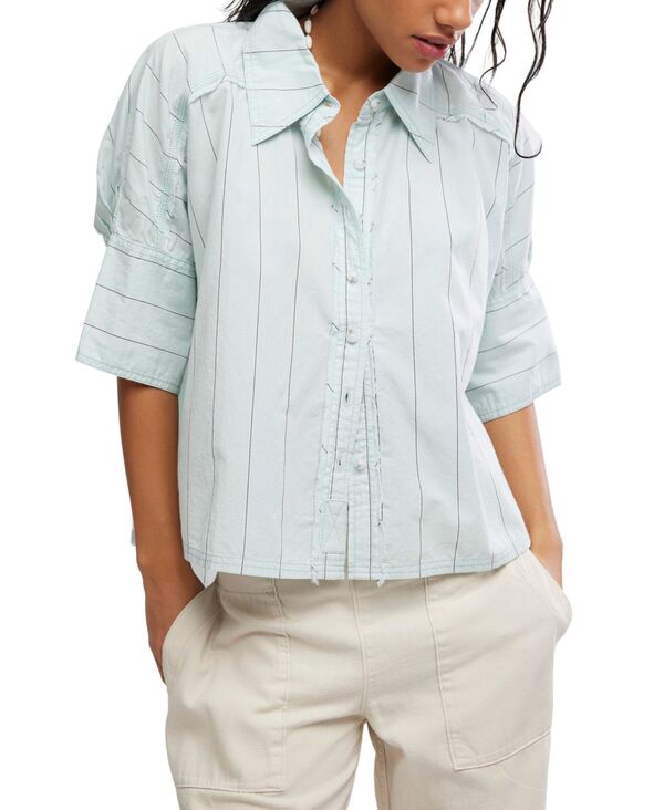 フリーピープル レディース トップス シャツ 半袖 Free People Women'short-Sleeve Colla red Striped Shirt Sky Combo ストライプ｜ReVida 店 28,656円