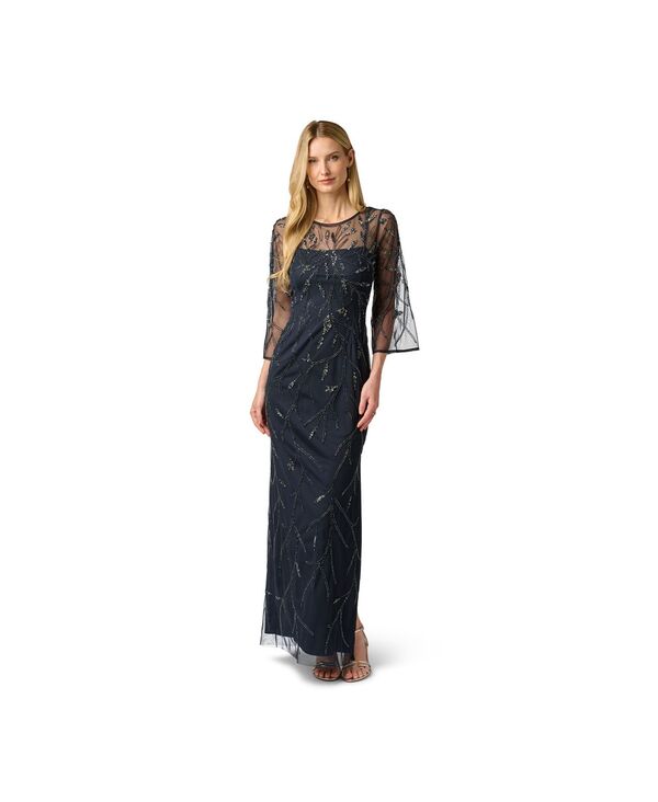 アドリアナ パペル レディース トップス ワンピース メッシュ Adrianna Papell Women's Bead Mesh Illusion Boat Neck Gown MIDNIGHT|ReVida 店