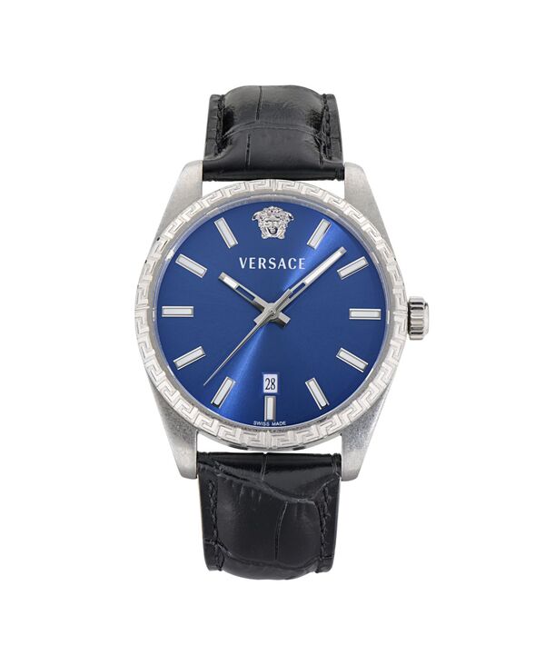 ヴェルサーチ メンズ アクセサリー 腕時計 レザー Versace Men's Millenyium Black Calf Leather Strap Watch 40mm Silver シルバー｜ReVida 店