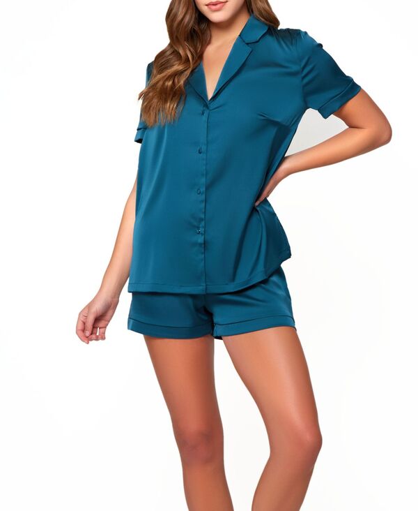 アイコレクション レディース アンダーウェア ナイトウェア サテン レース iCollection Women's Lucile Satin and Lace Short Sleeve Pajamaseteal ティール｜ReVida 店