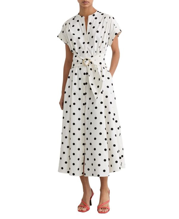 レイス レディース トップス ワンピース ドット ミディ コットン REISS Women'sawyer Cotton Polka-Dot Belted Midi Dress with Stretch Ivory black｜ReVida 店