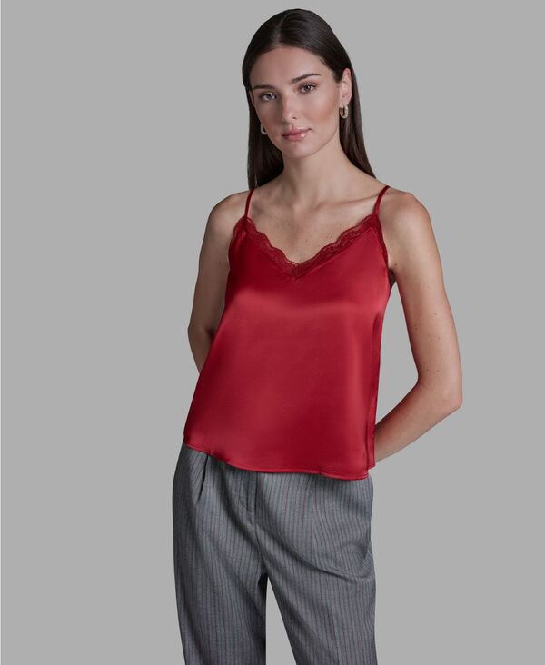 ビーシビージー レディース トップス シャツ Vネック ノースリーブラウス レース BCBG Women's Lace Sleeveless V-Neck Cami Blouse Rouge Amour|ReVida 店