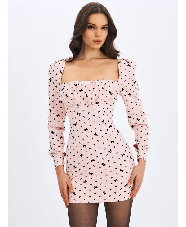 ミスサークル レディース トップス ワンピース ギャザー ミニ ベルベット Miss Circle Women's Perla Baby ruched Bust Velvet-Embossed Bow Mini Dress Pink ピンク|ReVida 店