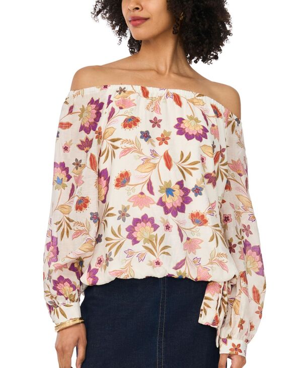 ヴィンスカムート レディース トップス シャツ プリント 長袖 Vince Camuto Women's Printed Off-The-Shoulder Long-Sleeve Top New Ivory アイボリー|ReVida 店