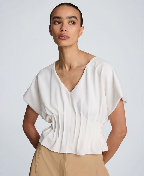 ケネスコール レディース トップス シャツ Vネック プリーツ Kenneth Cole Women's Pleated V-Neck Top White ホワイト｜ReVida 店
