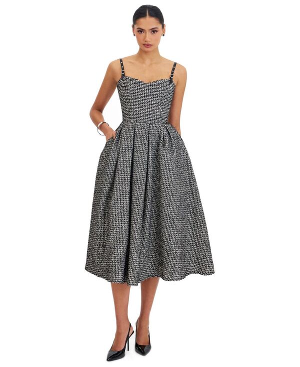 ミスサークル レディース トップス ワンピース 背中開き ミディ ツイード Miss Circle Women's Katalina Tweed Backless Midi Dress Black and white ホワイト｜ReVida 店