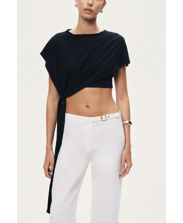 ノクチューン レディース トップス シャツ アシンメトリー NOCTURNE Women's Asymmetric Tie-Front Crop Top Black ブラック|ReVida 店