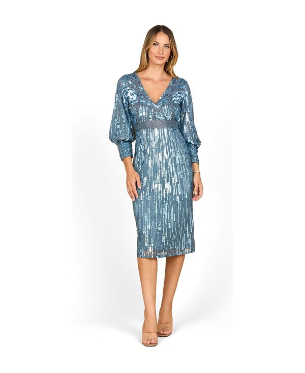ララ レディース トップス ワンピース A ライン ミディ Lara Women's Beaded A-line Midi Dress with Long Sleeveslate blue スレート|ReVida 店