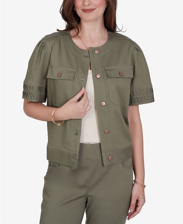 ルビーアールディー レディース アウター ジャケット・ブルゾン プチ プリーツ 半袖 デニム Ruby Rd. Petite Pleated Short-Sleeve Soft Denim Jacket Cactus デニム|ReVida 店