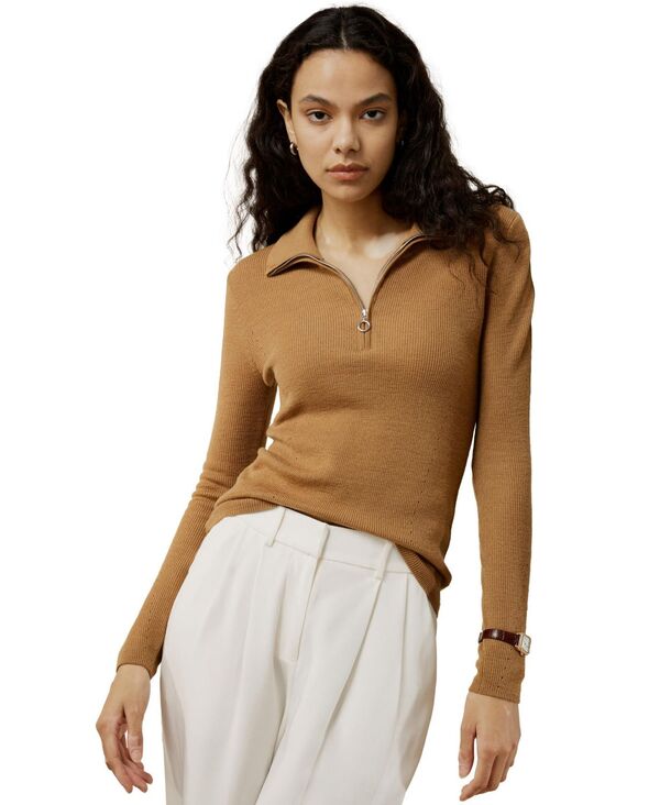 リリーシルク レディース アウター ニット・セーター ハーフジップ リブ ウール LILYSILK Women's Gaia Ribbed Half Zip Ultra-fine Wool Sweater Camel キャメル｜ReVida 店