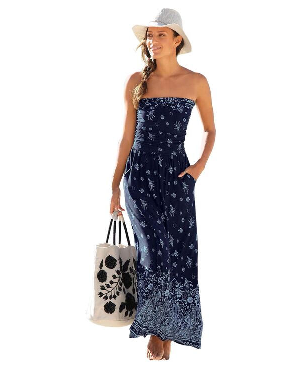 ラスカーナ レディース トップス ワンピース プリント マキシ LASCANA Women's Navy Printed Bandeau Maxi Dress With Pockets Navy printed ネイビー｜ReVida 店
